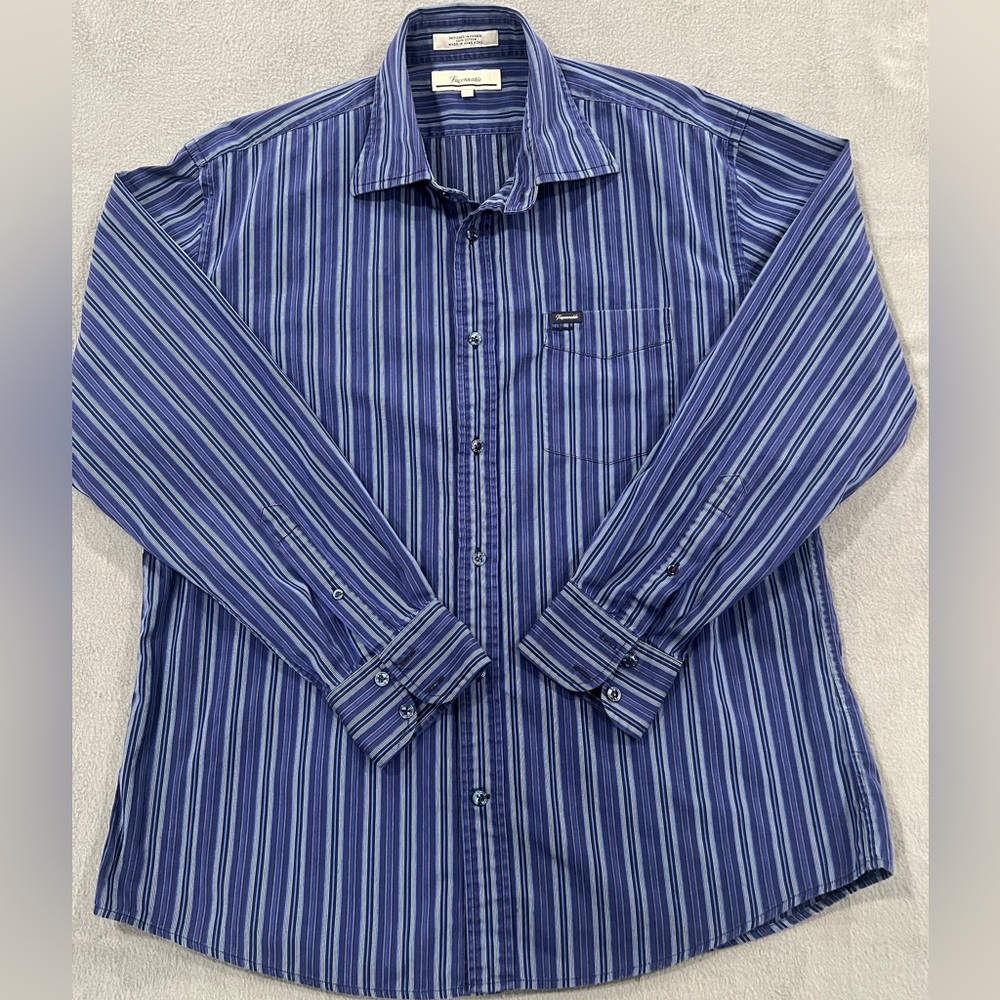 Faconnable Navy and Light Blue Striped Shirt Button Up Sz L